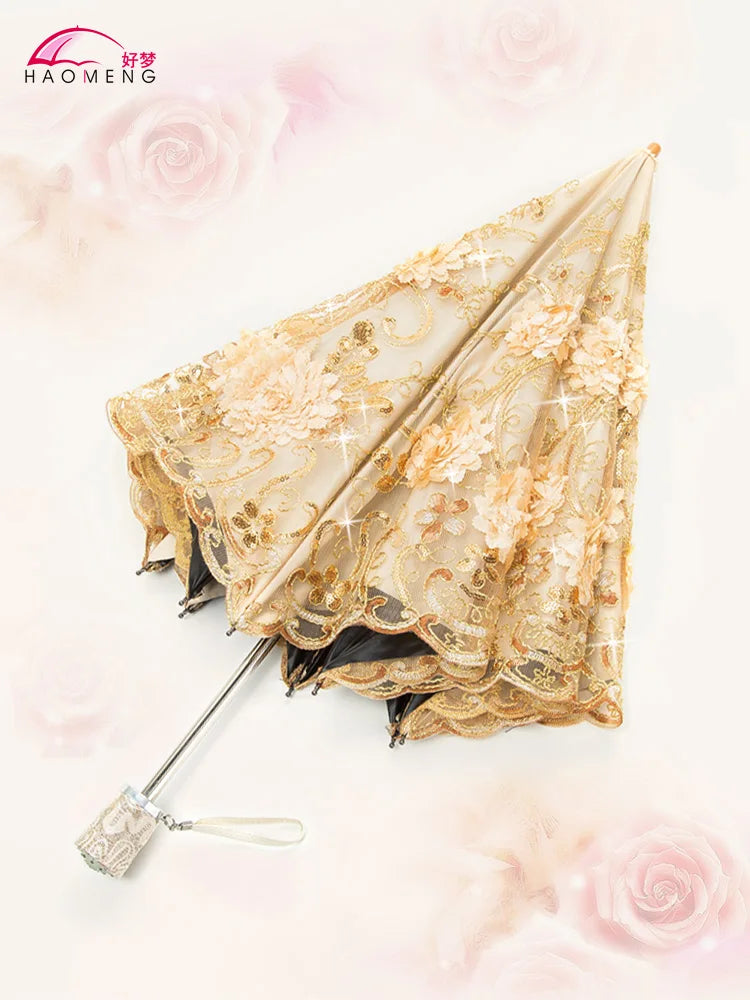 Women's Lace Embroidery Folding Parasol – UV & Rain Umbrella Folding Parasol Axl