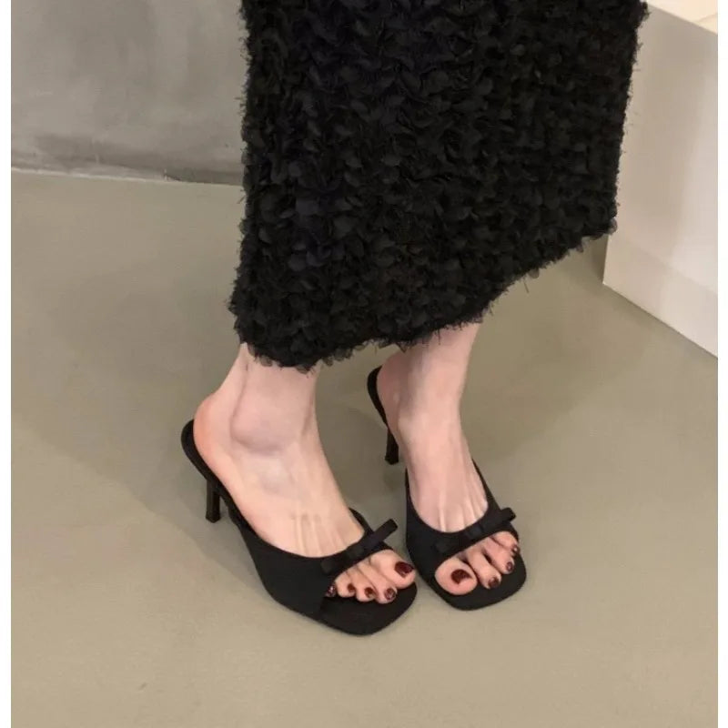 Women's Bow Strappy Mule Sandals | Open Toe Block Heel Mule Sandals Axl