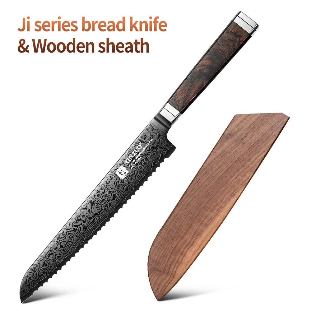 XINZUO Ji 8.46" 67-Layer Damascus Steel Bread Knife | Ebony Handle Damascus Bread Knife Axl with Wooden sheath