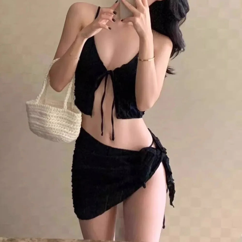 Three-Piece Strapless Bandeau Bikini Set | Korean Style Swimsuit Bikini Set Axl Black