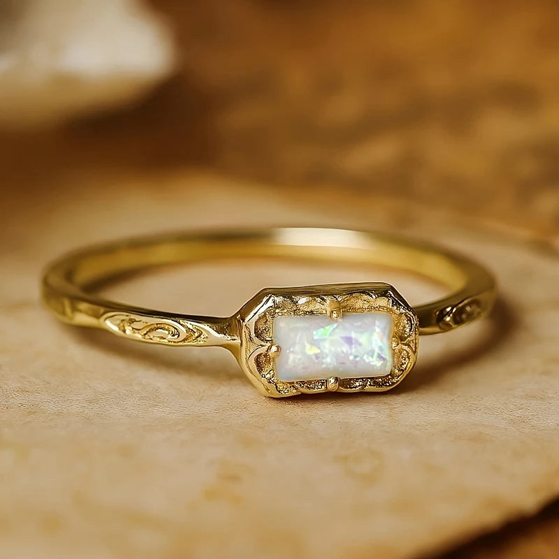 Huitan Vintage Imitation Opal Rectangular Ring for Women Fashion Ring Axl