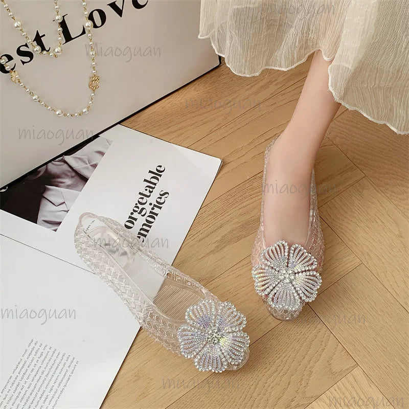 Crystal Jelly Sandals – Diamond Flower Pointed Toe Flats for Women Women's Jelly Sandals Axl