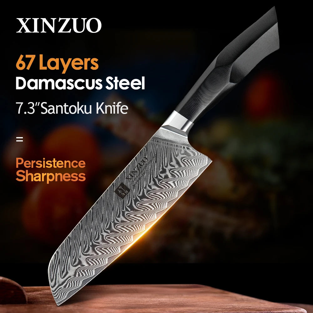 XINZUO 7.3" VG10 Damascus Steel Santoku Knife – Feng Series Damascus Santoku Knife Axl