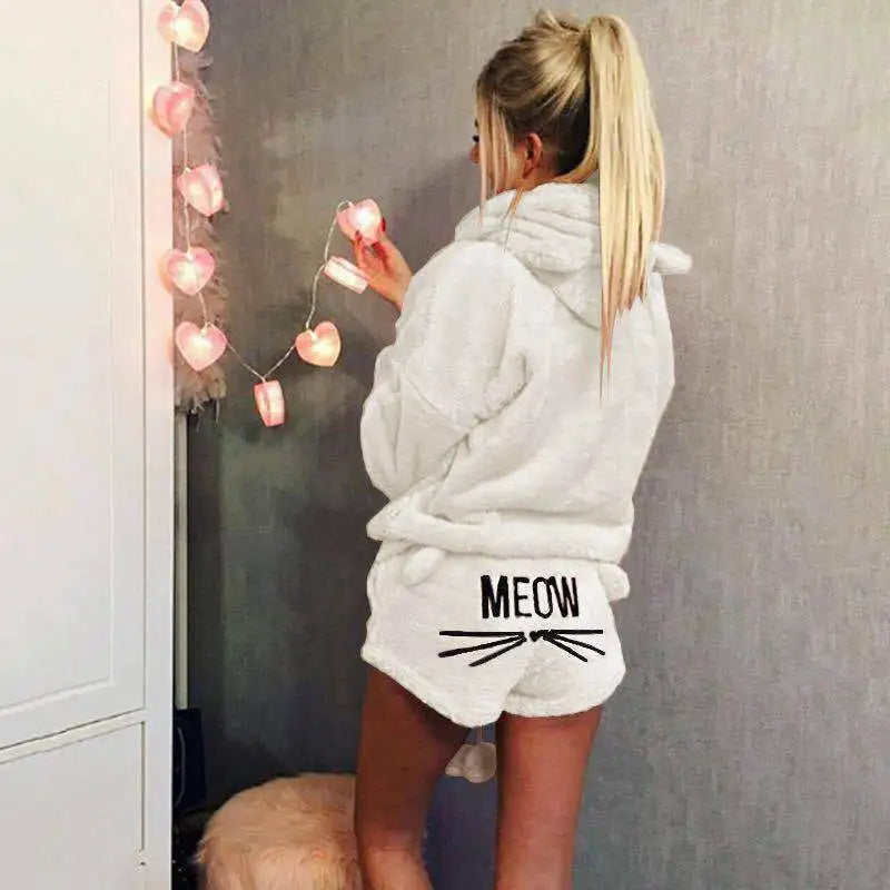 Women's Coral Velvet Hoodie Pajama Set – Cute Cat Print Pajama Set Axl