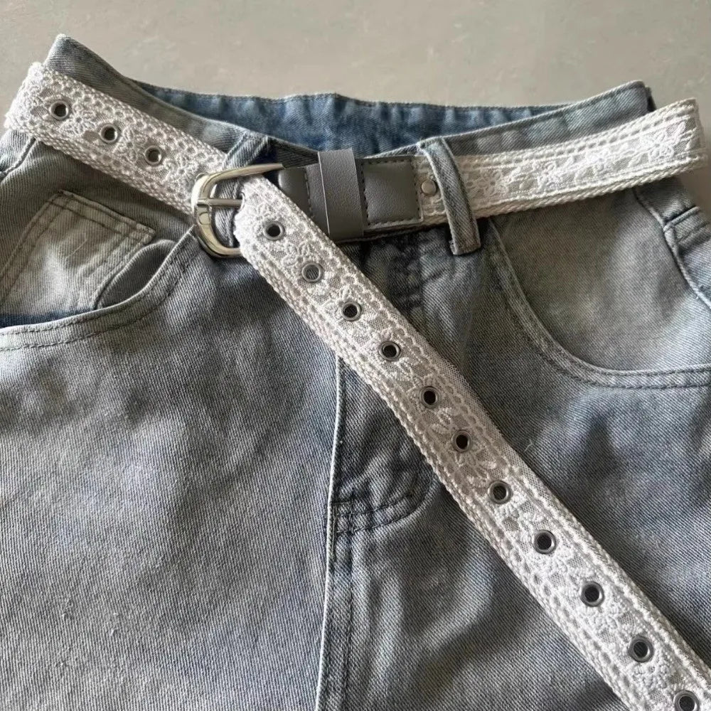 Korean Lace Canvas Waist Belt – Y2K Metal Buckle for Women Lace Waist Belt Axl