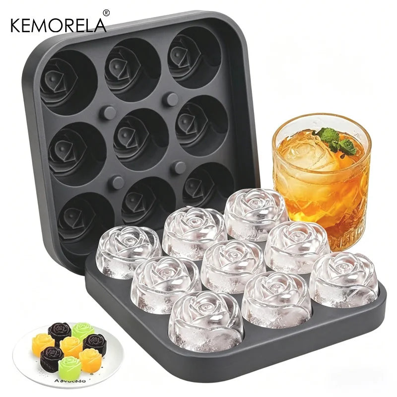 3D Rose Silicone Ice Cube Mold – 9-Grid Flower Tray | KEMORELA Silicone Ice Mold Axl Black