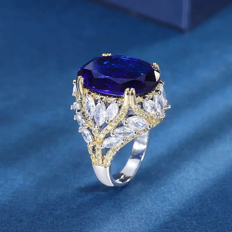 Huitan Oval Blue CZ Two-Tone Women's Wedding Band Ring CZ Wedding Ring Axl