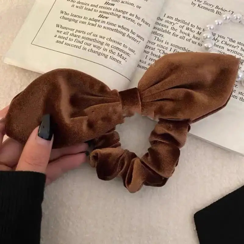 Vintage Black Velvet Bow Hair Scrunchie – Elegant Ponytail Tie Velvet Hair Scrunchie Axl Coffee