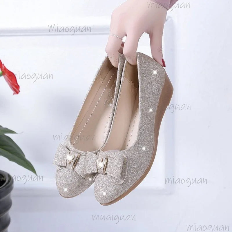 Women's Sequin Bow Wedge Pumps – Elegant Slip-On Dress Shoes Wedge Dress Pumps Axl