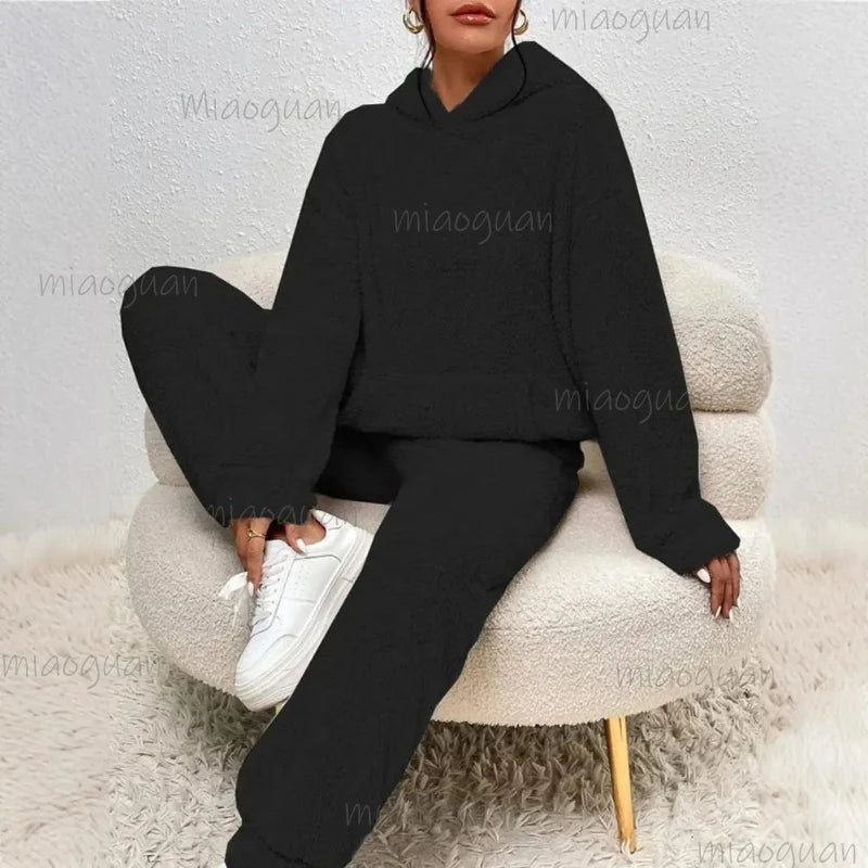 Women's Fuzzy Fleece Pajama Set – Plush Hoodie & Lounge Pants Women's Pajama Set Axl Black XS
