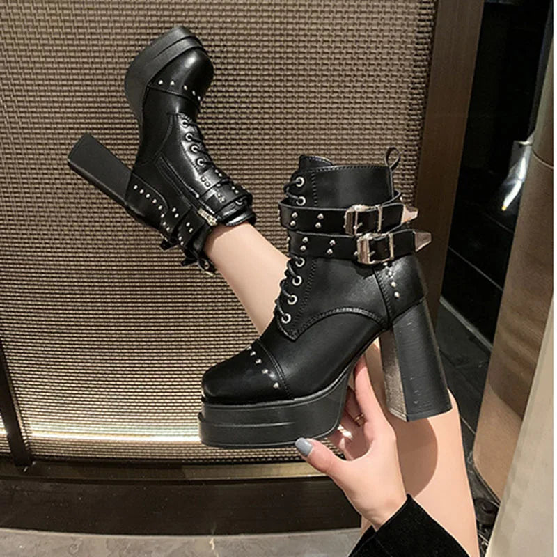 Women's Punk Ankle Boots – Block Heel, Buckle & Rivet Women's Ankle Boots Axl