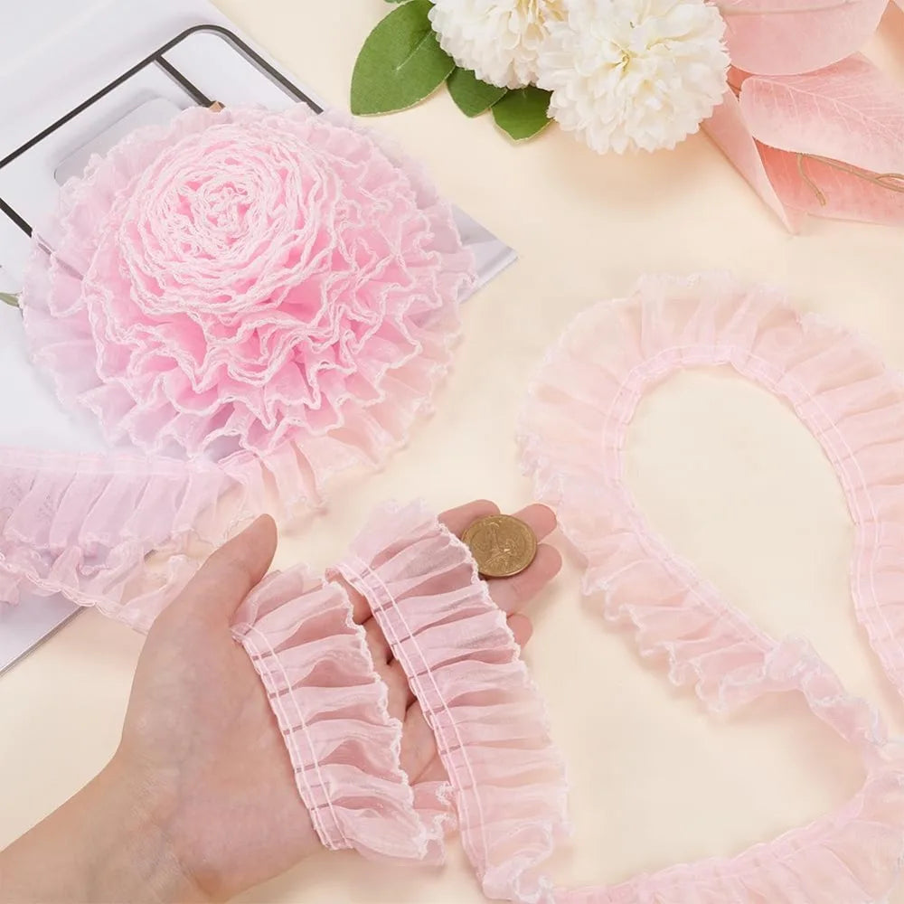 8 Yards Pink Pleated Lace Trim – Ruffled Ribbon for Sewing Lace Trim Ribbon Axl