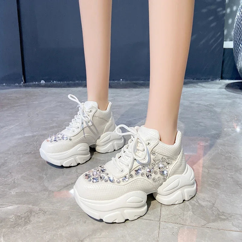 YEAE Women's Diamond Thick Sole Lace-Up Fashion Sneakers Platform Fashion Sneakers Axl