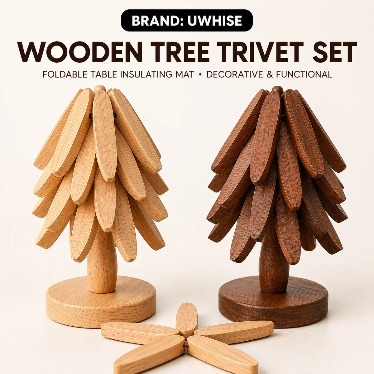 Uwhise Wooden Tree Trivet Set – Foldable Heat-Resistant Mat 3/5 Pc Wooden Trivet Set Axl