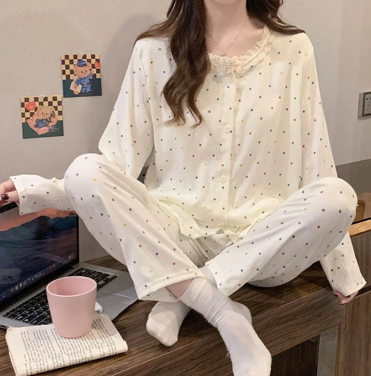 Women's Lace Pajama Set – 2-Piece Long Sleeve Loungewear Women's Pajama Set Axl HJ9021 dot 2XL