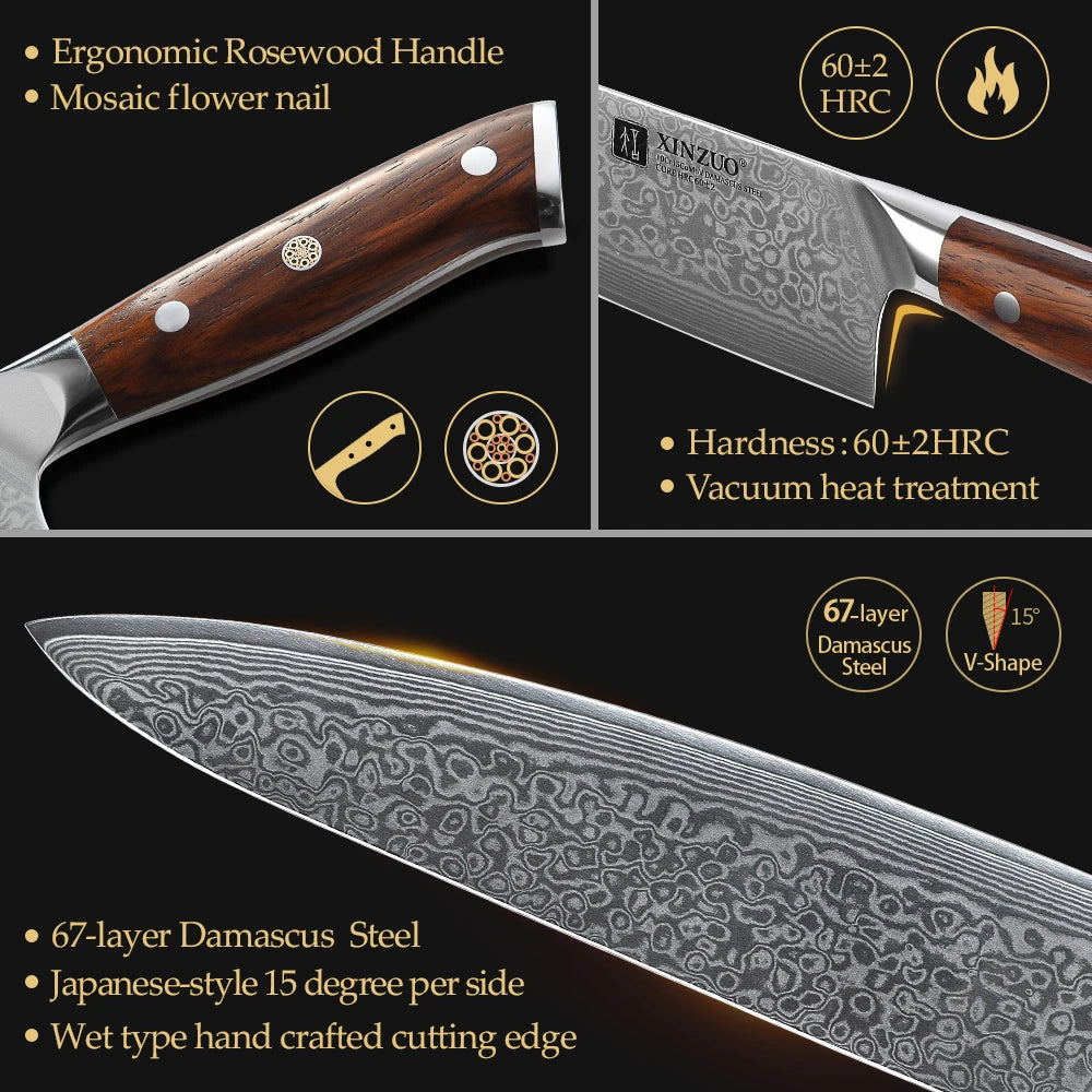 XINZUO 10-Inch Damascus Chef Knife – 67-Layer Rosewood Handle Damascus Chef Knife Axl