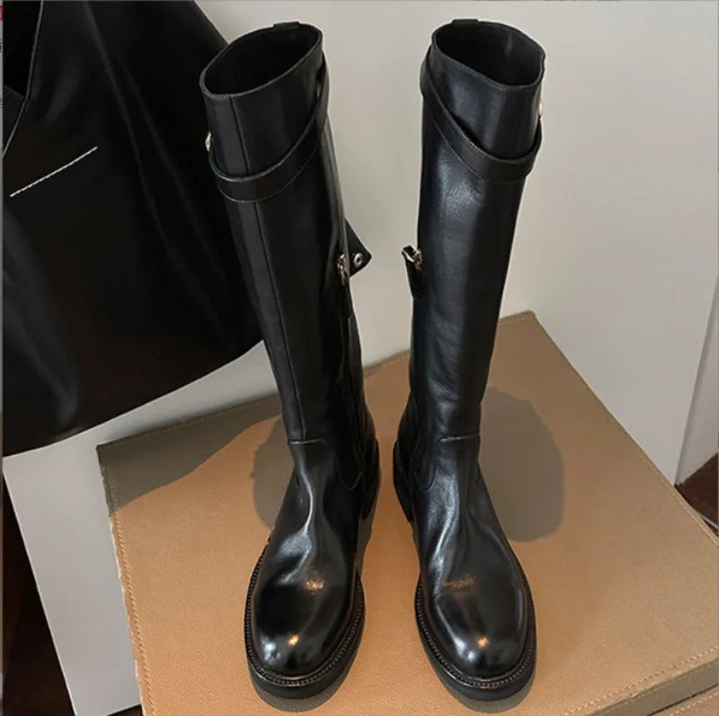 Women's Gothic Knee-High Knight Boots – Punk Buckle Platform Knee-High Boots Axl