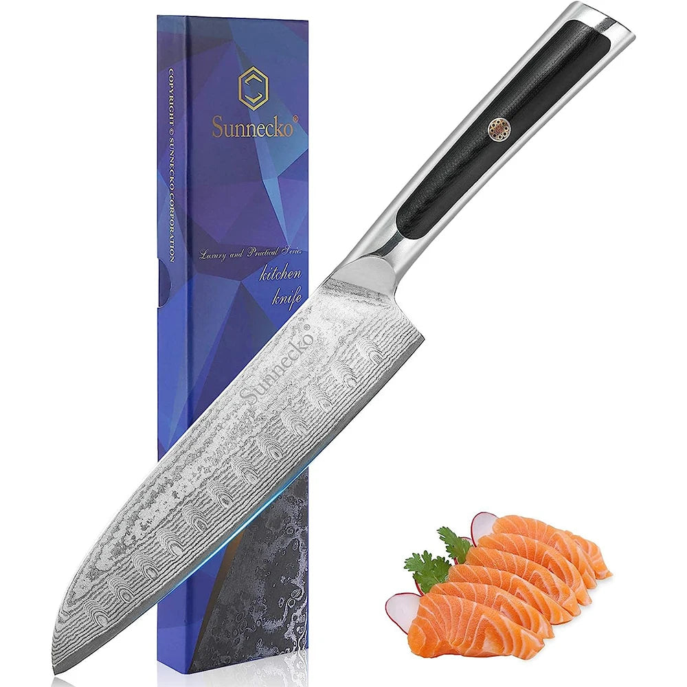 Sunnecko 7"/5" Damascus Santoku Knife Set VG10 G10 Handle Damascus Santoku Knife Axl