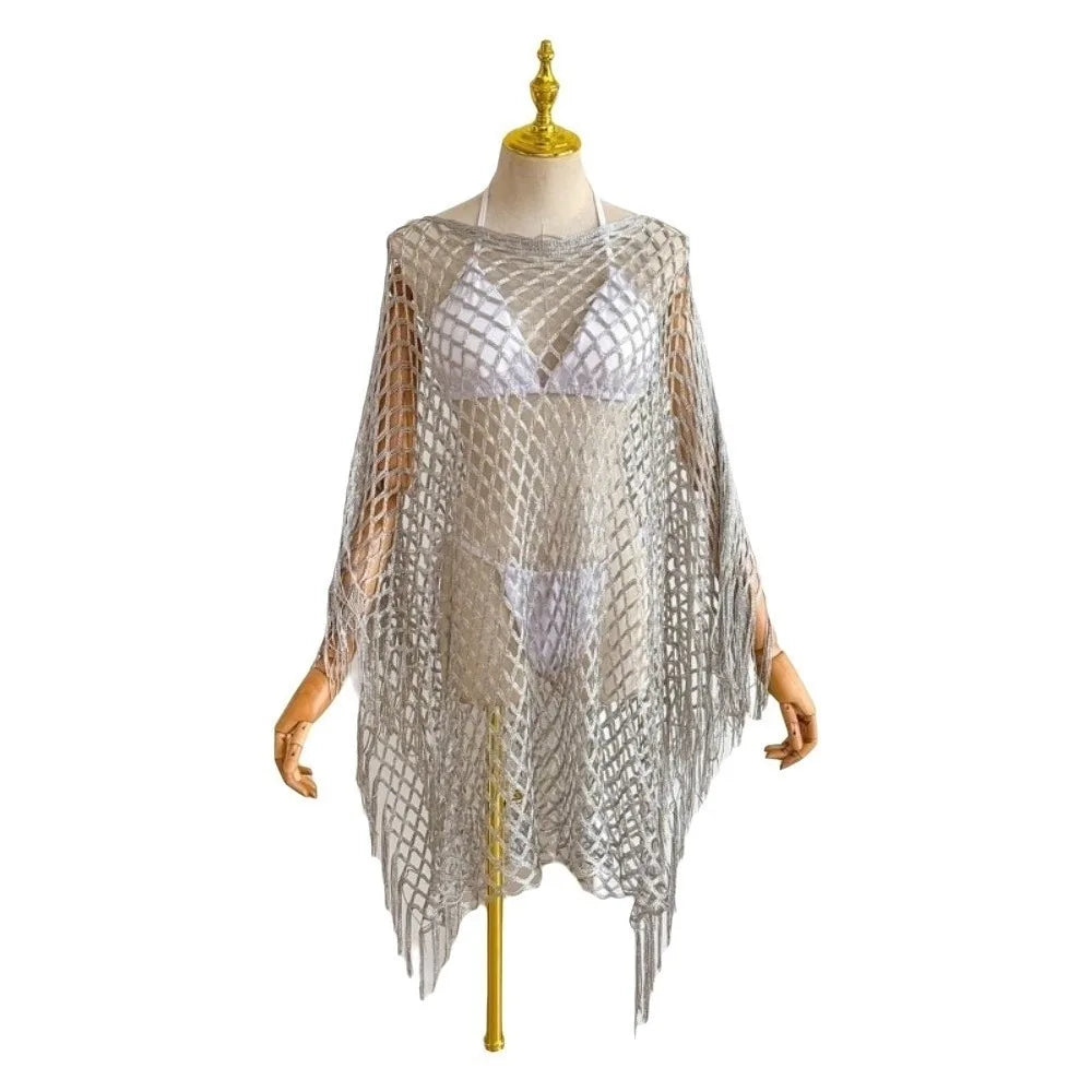 Boho Crochet Fishnet Swimsuit Cover-Up Tassel Shawl Swimsuit Cover-Up Axl Silver One Size