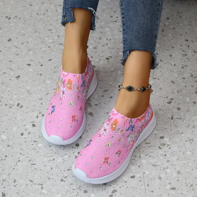 Flower Print Knitted Sneakers – Crystal Slip-On Women's Shoes Knitted Slip-On Sneakers Axl