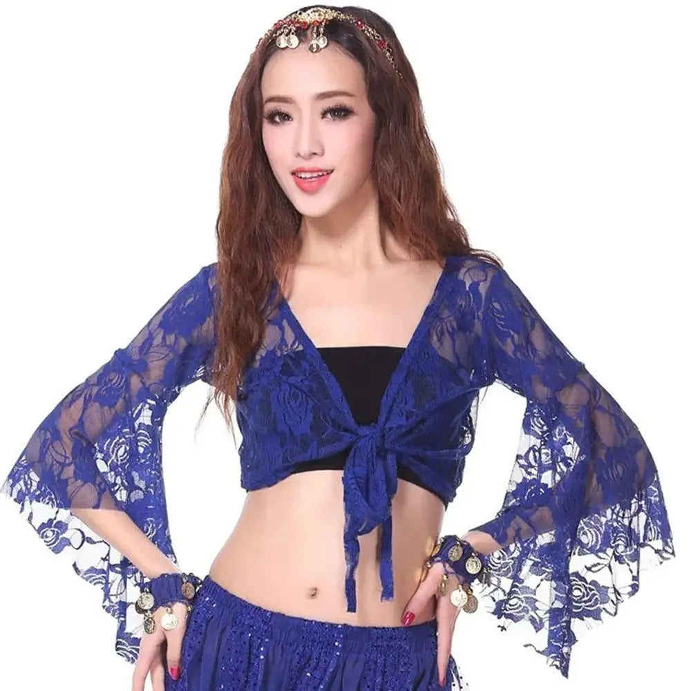 Women's Belly Dance Lace Shrug – Long Sleeve Cardigan Cover Up Dance Lace Shrug Axl Royal blue