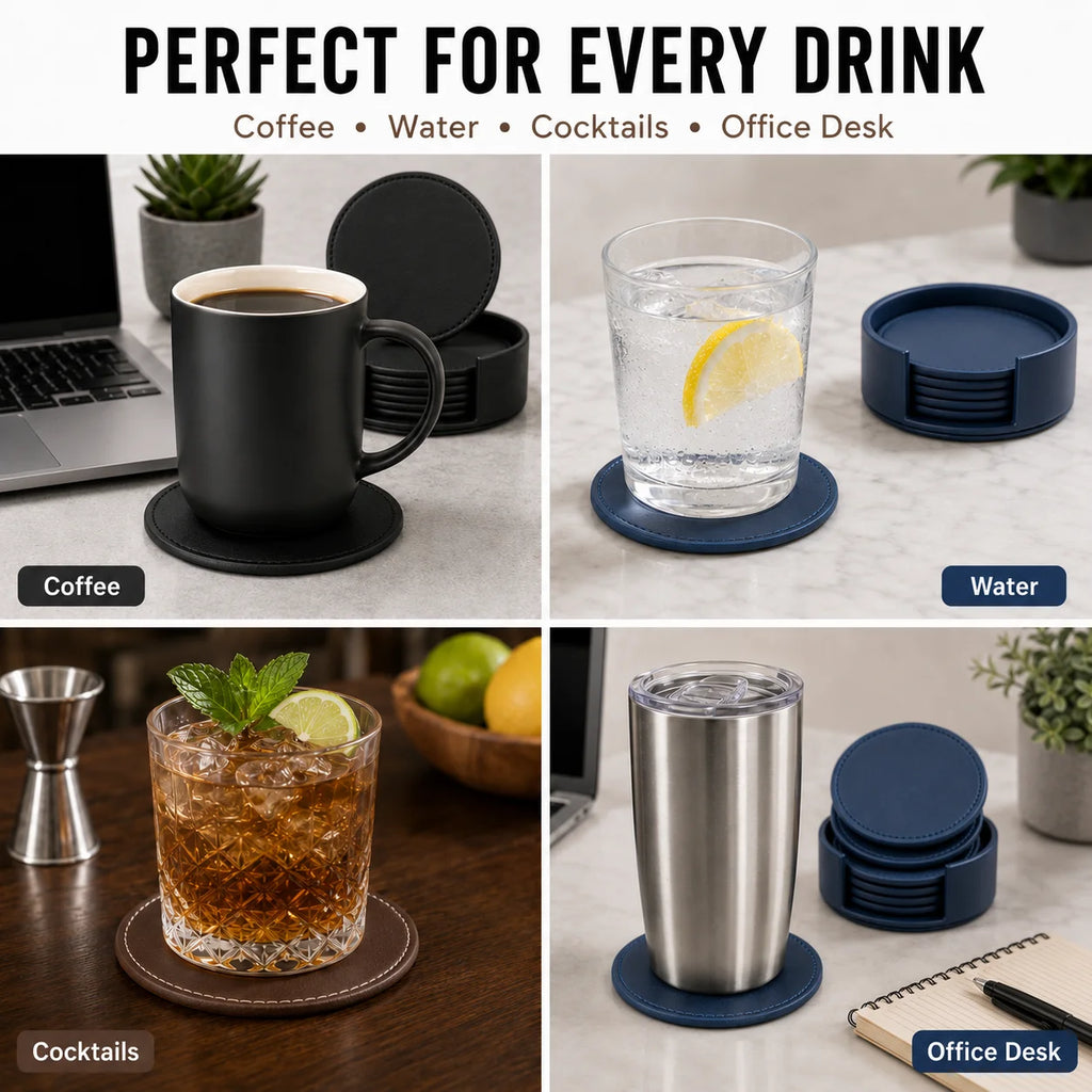 6-Piece PU Leather Coasters with Holder – Waterproof & Heat Resistant Leather Coaster Set Axl