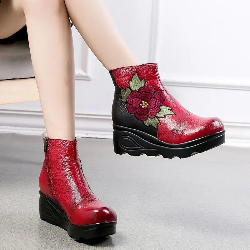 Lorilury Women's Embroidery Wedge Ankle Boots – Fur Lined Winter Women's Ankle Boots Axl