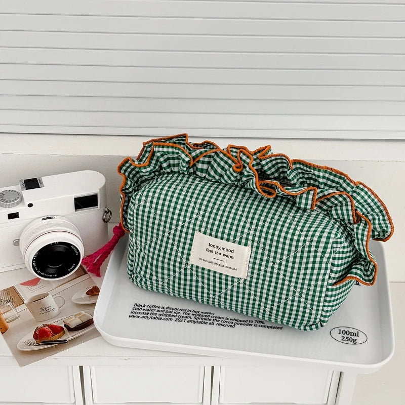 Women's Vintage Gingham Makeup Bag – Large Capacity Organizer Cosmetic Makeup Bag Axl