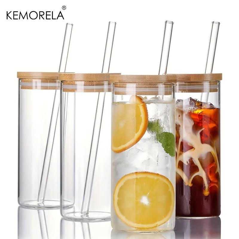 4-Pack 600ml Borosilicate Glass Tumblers with Bamboo Lids & Straws Glass Tumbler Set Axl 4PCS 301-400ml
