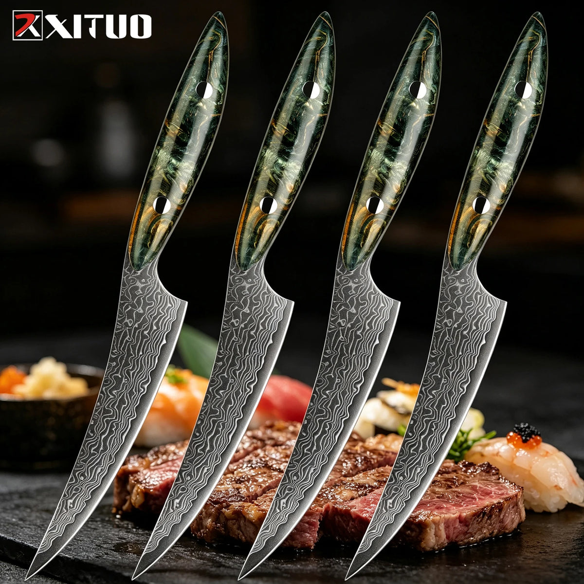 XITUO Damascus Steel Steak Knife Set – Non-Serrated Full Tang Steak Knife Set Axl 4PCS Steak Knife