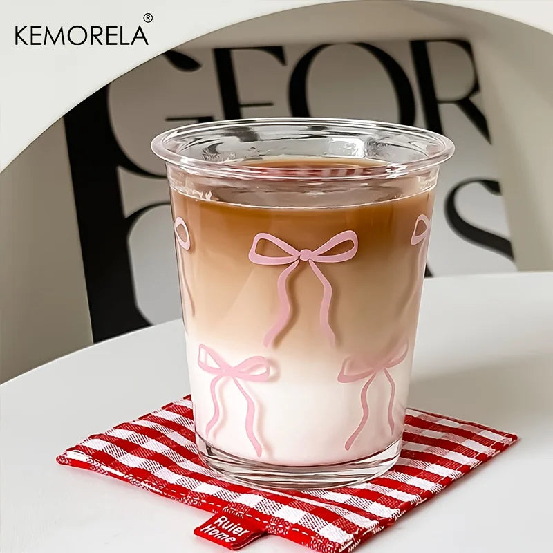 KEMORELA Pink Bow Glass Cup 320ml – Cute Iced Coffee Cup Glass Drinking Cup Axl