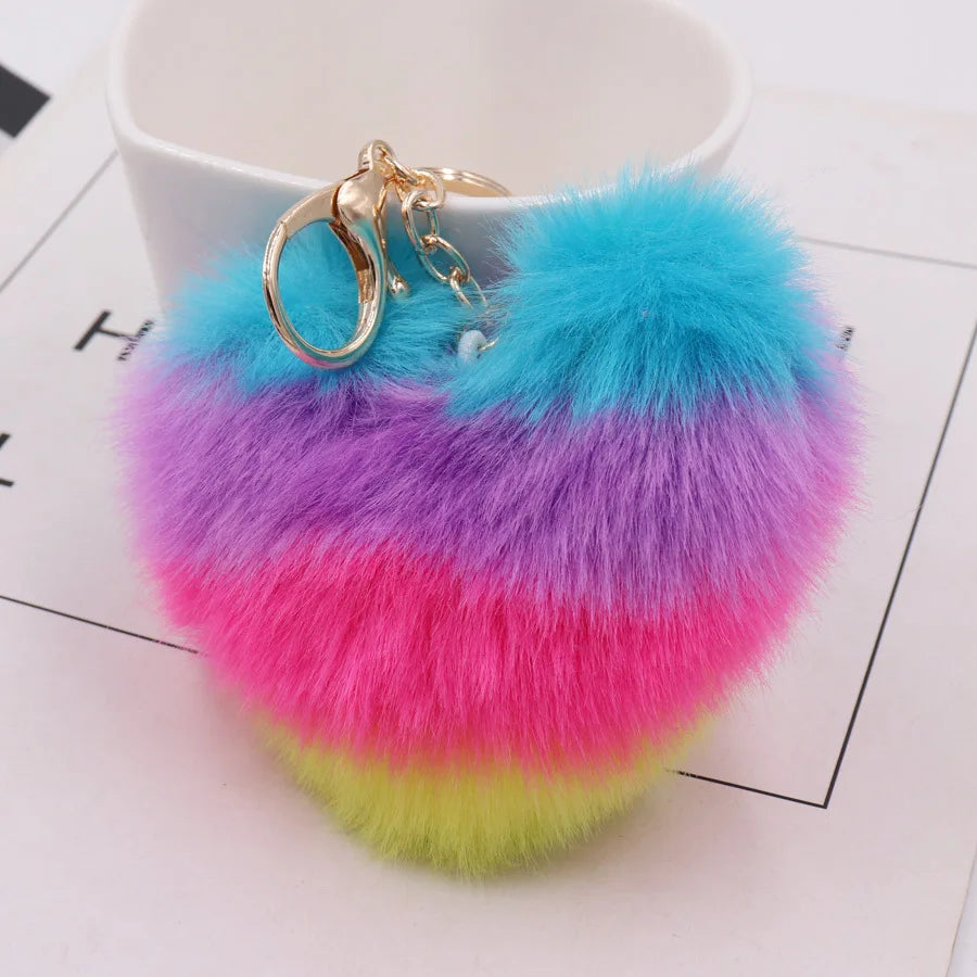 Fluffy Faux Fur Heart Keychain – Colorful Women's Bag Charm Fur Pompom Keychain Axl