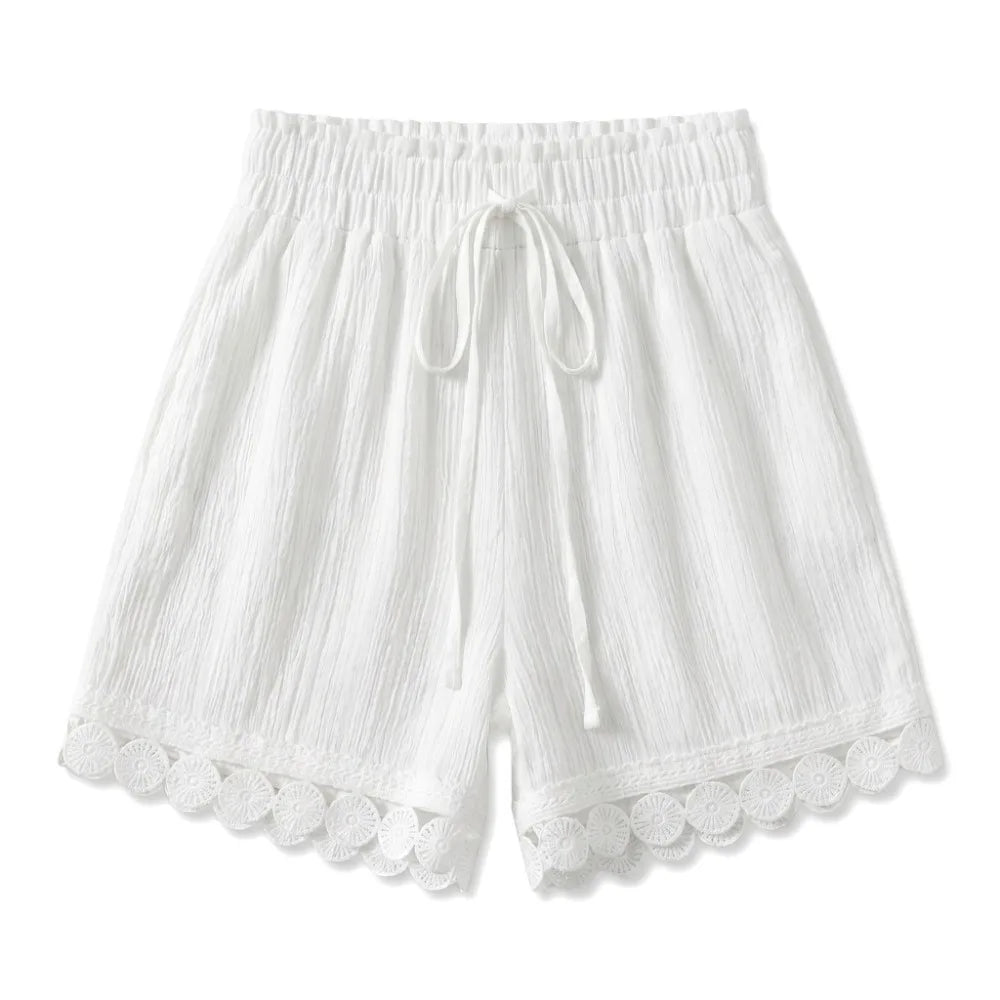 Women's Lace-Trim Wide Leg Beach Shorts | Loose Resort Wear Women's Beach Shorts Axl White XL