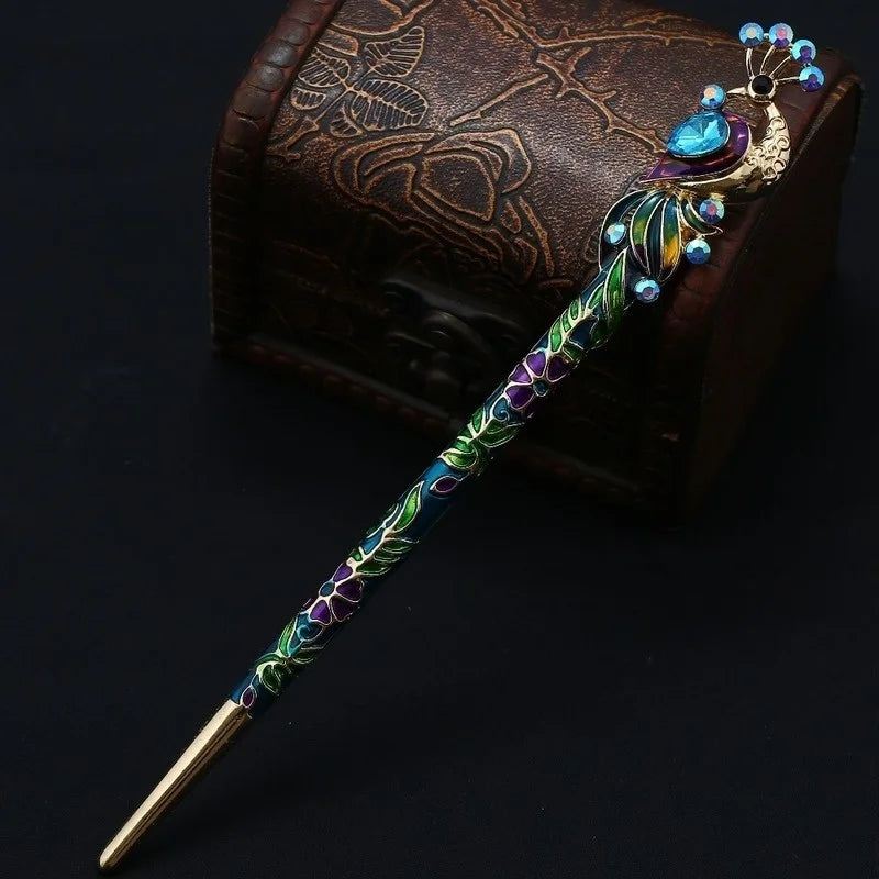 Retro Peacock Enamel Crystal Hair Stick Pin – Chinese Style Hair Stick Pin Axl