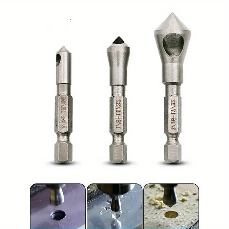 3-Piece HSS Countersink Bit Set – Chamfer & Deburring Drill Countersink Drill Bits Axl