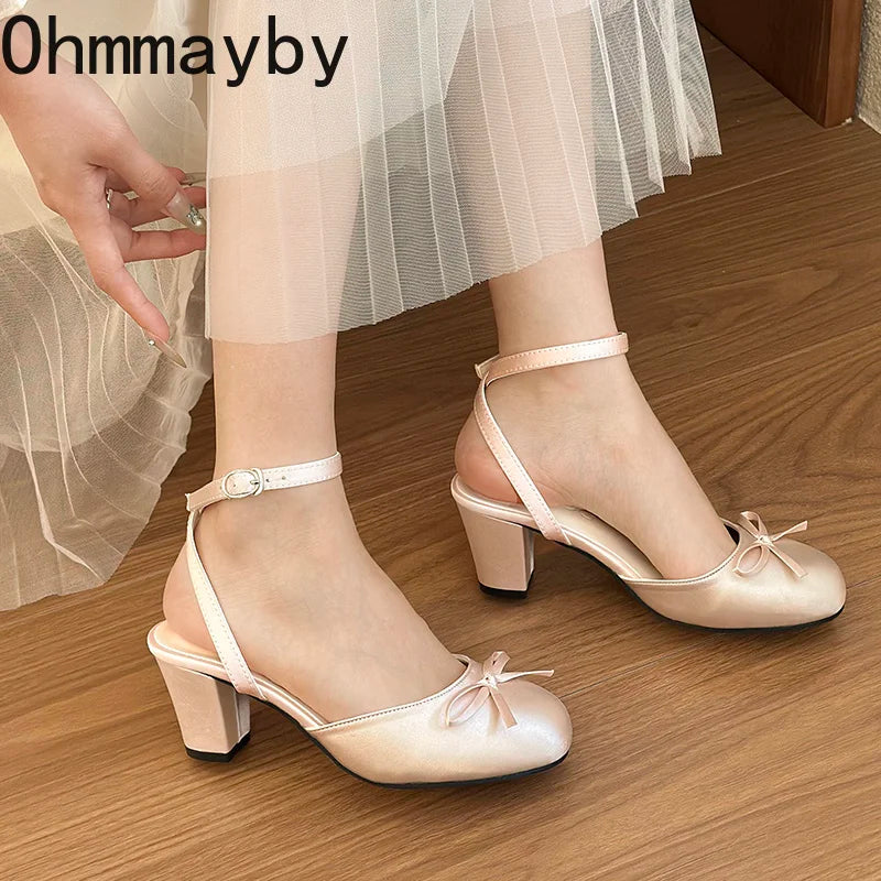 Satin Butterfly-Knot Women's Slingback Sandals | Square Heel Slingback Heeled Sandals Axl