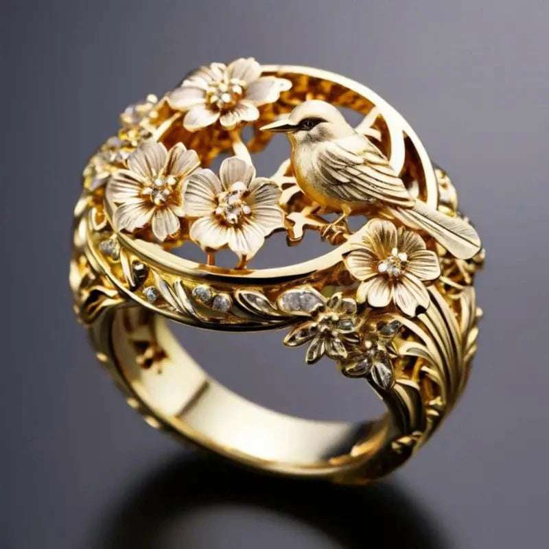 Huitan Gold Hollow Flower Bird Ring – Women's Fashion Jewelry Fashion Ring Axl A823 8