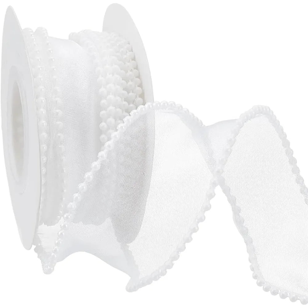 White Pearl Edge Sheer Wired Ribbon 40mm x 4.5m | Craft Ribbon Craft Ribbon Axl