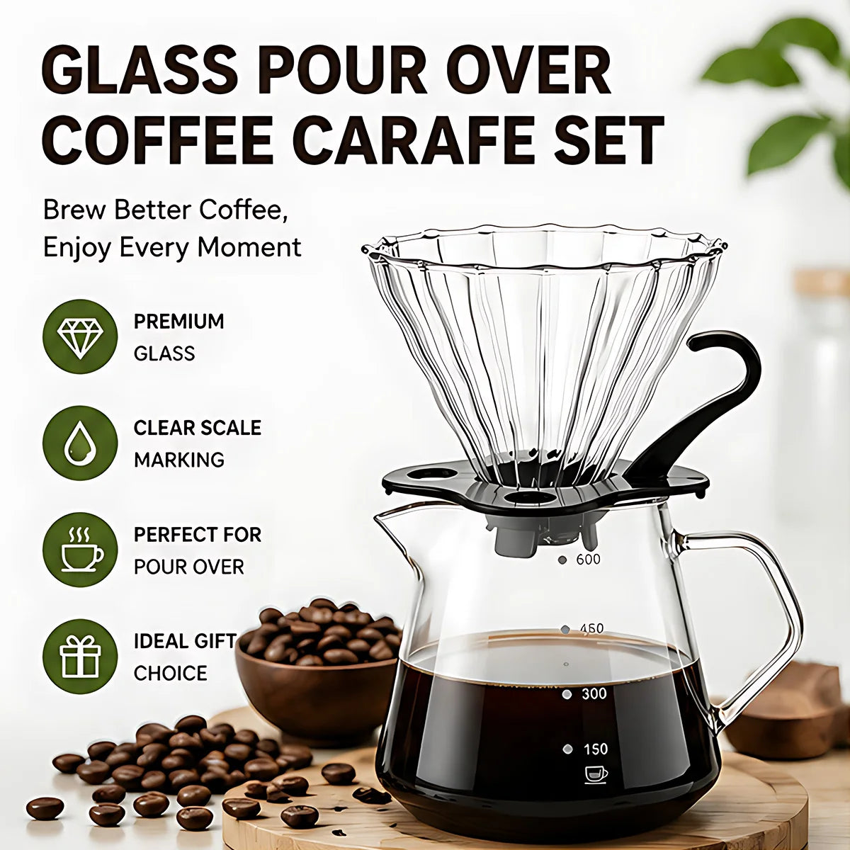 Leeseph Pour Over Coffee Maker – 600ml Glass Carafe & Dripper Pour Over Coffee Maker Axl