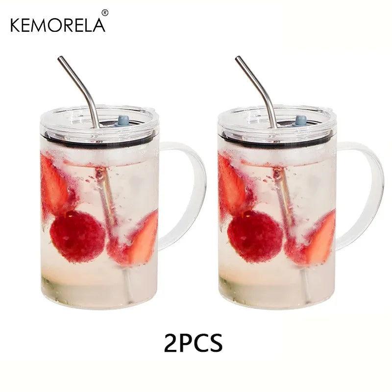 KEMORELA Large Glass Cup with Lid & Straw – Heat-Resistant Glass Drinkware Set Axl 2PCS 301-400ml