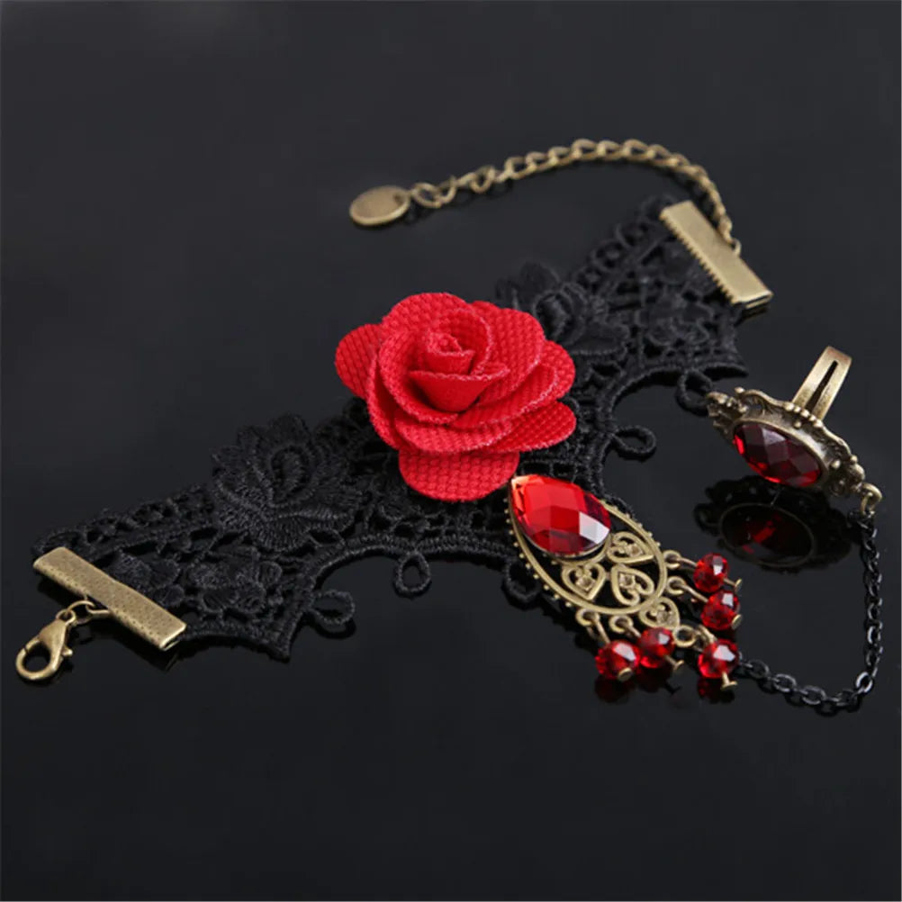 Gothic Lace Red Rose Bracelet with Adjustable Finger Ring Charm Bracelet Axl