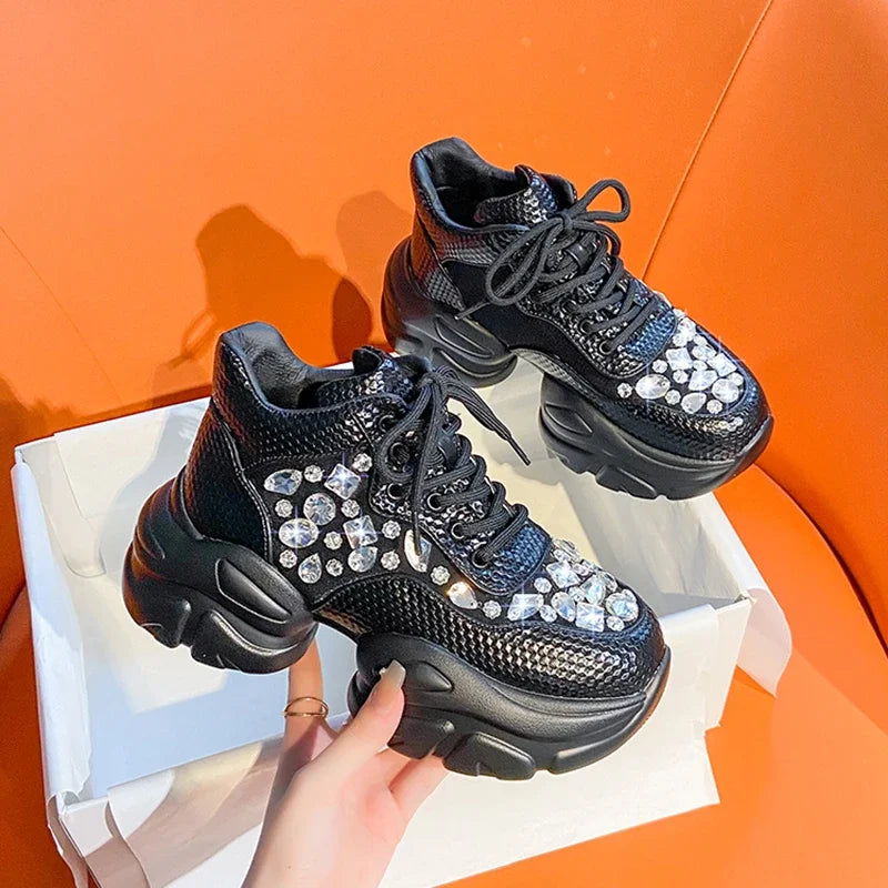 YEAE Women's Diamond Thick Sole Lace-Up Fashion Sneakers Platform Fashion Sneakers Axl black 35