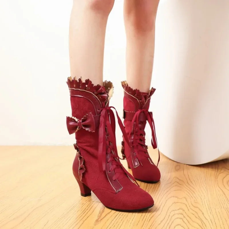 Women's Bow PU Leather Ankle Boots – Retro Knight High Heels Ankle Boots Axl