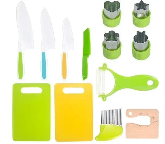 Kids Cooking Cutter Set – Safe Plastic Fruit Knife & Peeler Kids Kitchen Set Axl 13PCs