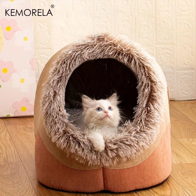 KEMORELA Plush Striped Cat & Dog Bed – Cozy Indoor Pet House Plush Pet Bed Axl