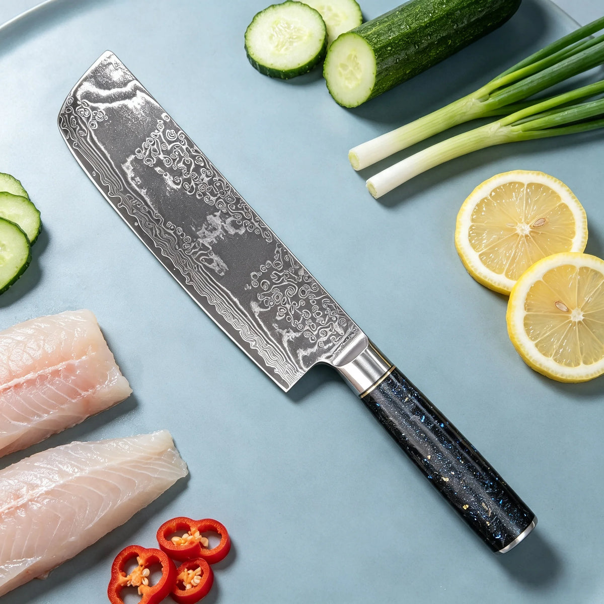 67-Layer Damascus Steel Nakiri Knife – Sharp Chef's Cleaver Damascus Kitchen Knife Axl