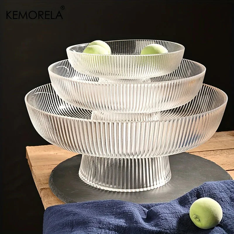 KEMORELA Glass Fruit Bowl with Feet – Striped Snack Tray Glass Fruit Bowl Axl