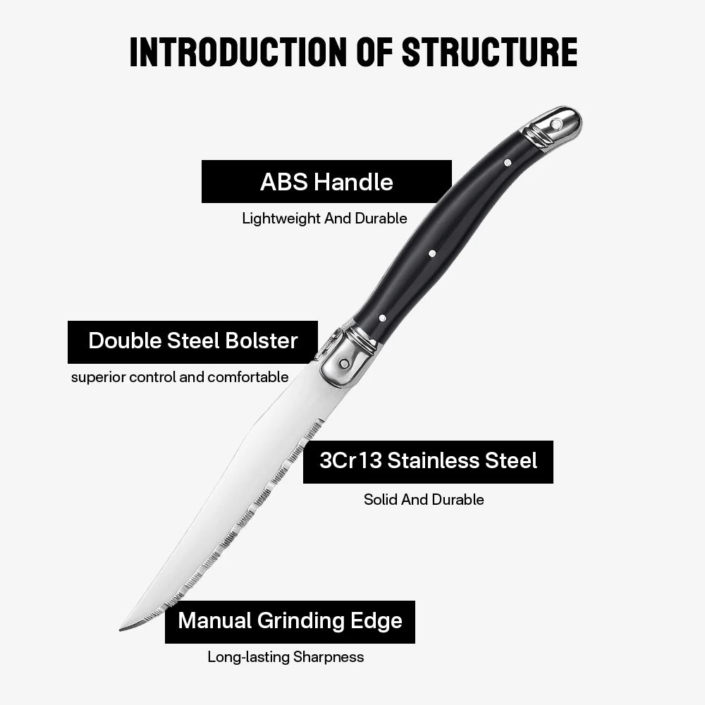 Laguiole Serrated Steak Knife Set – Black Handle, Stainless Steel Steak Knife Set Axl