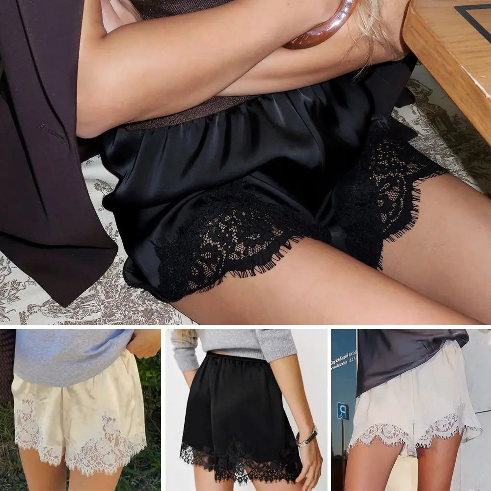 Women's Satin Lace Sleep Shorts – Elastic Waist Pajama Bottoms Pajama Sleep Shorts Axl