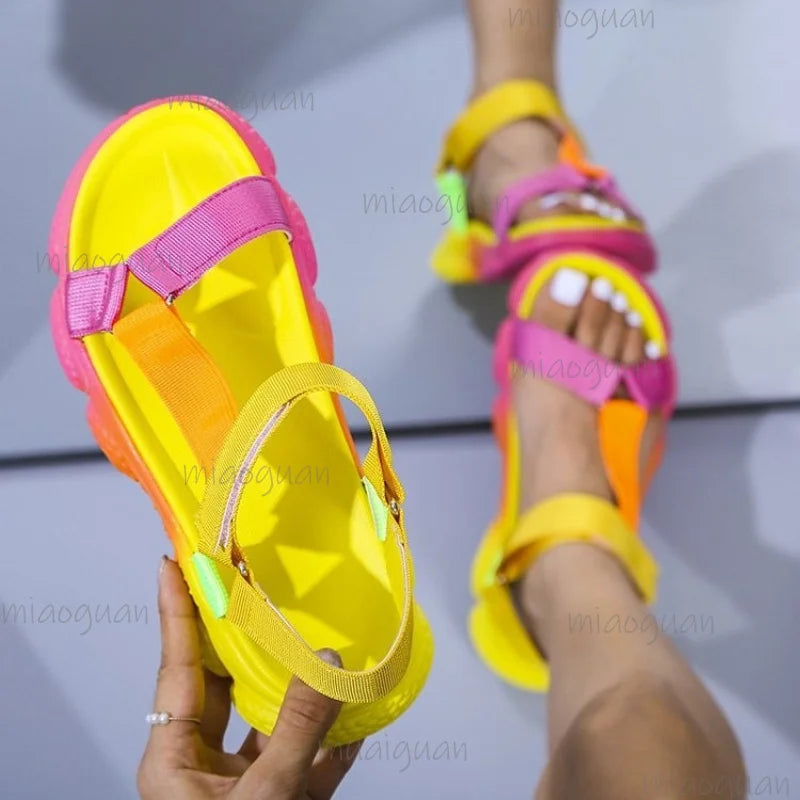 Women's Colorful Platform Roman Sandals | Velcro Beach Flats Women's Platform Sandals Axl